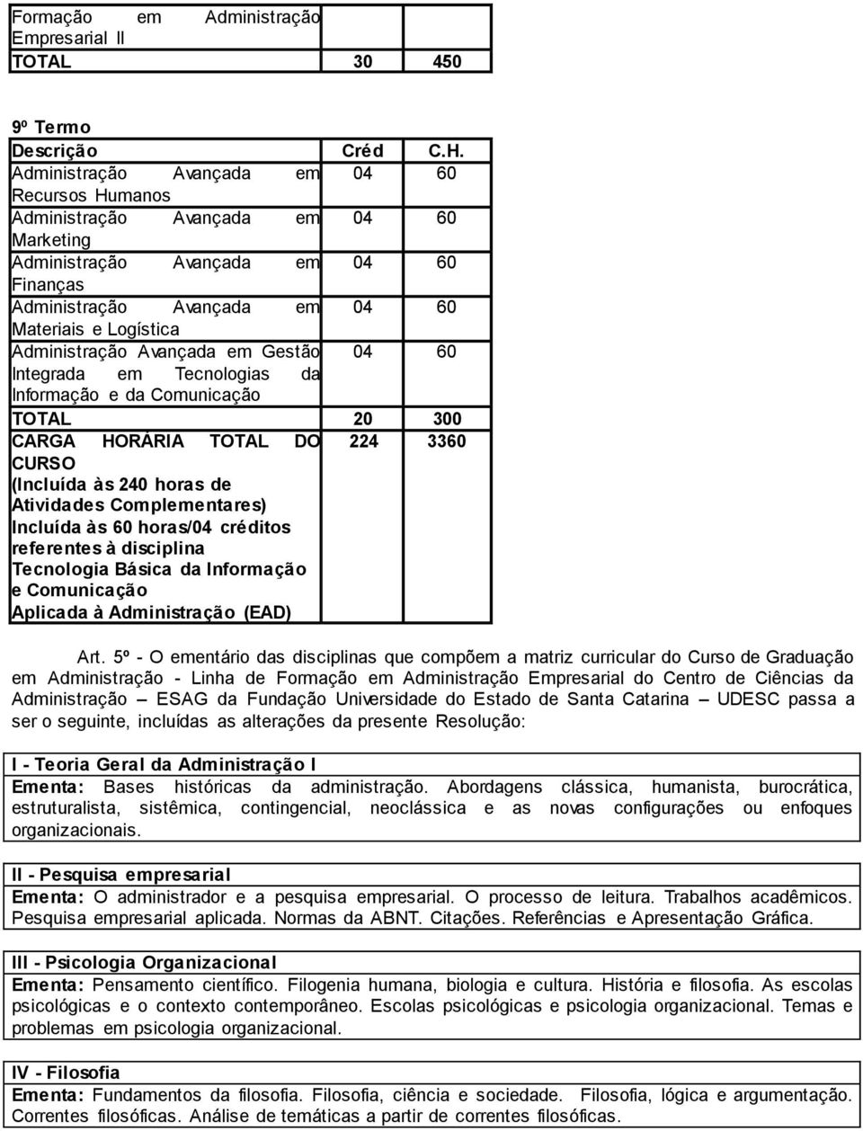 (Incluída às 240 horas de Atividades Complementares) Incluída às 60 horas/04 créditos referentes à disciplina Tecnologia Básica da Informação e Comunicação Aplicada à Administração (EAD) Art.