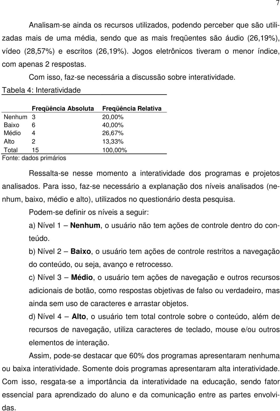 Tabela 4: Interatividade Nenhum 3 20,00% Baixo 6 40,00% Médio 4 26,67% Alto 2 13,33% Total 15 100,00% Ressalta-se nesse momento a interatividade dos programas e projetos analisados.