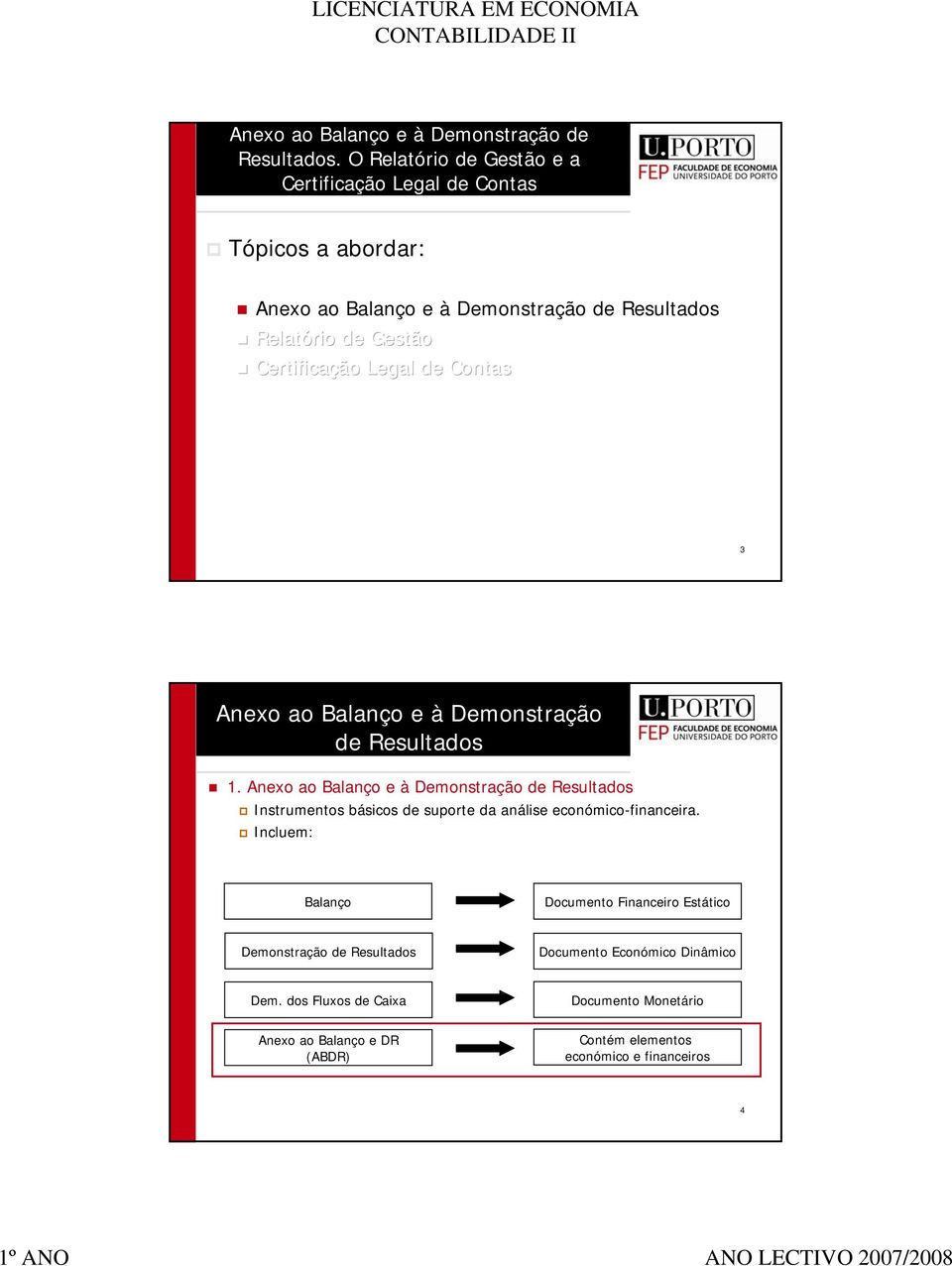 Incluem: Balanço Documento Financeiro Estático Demonstração de Resultados Documento Económico