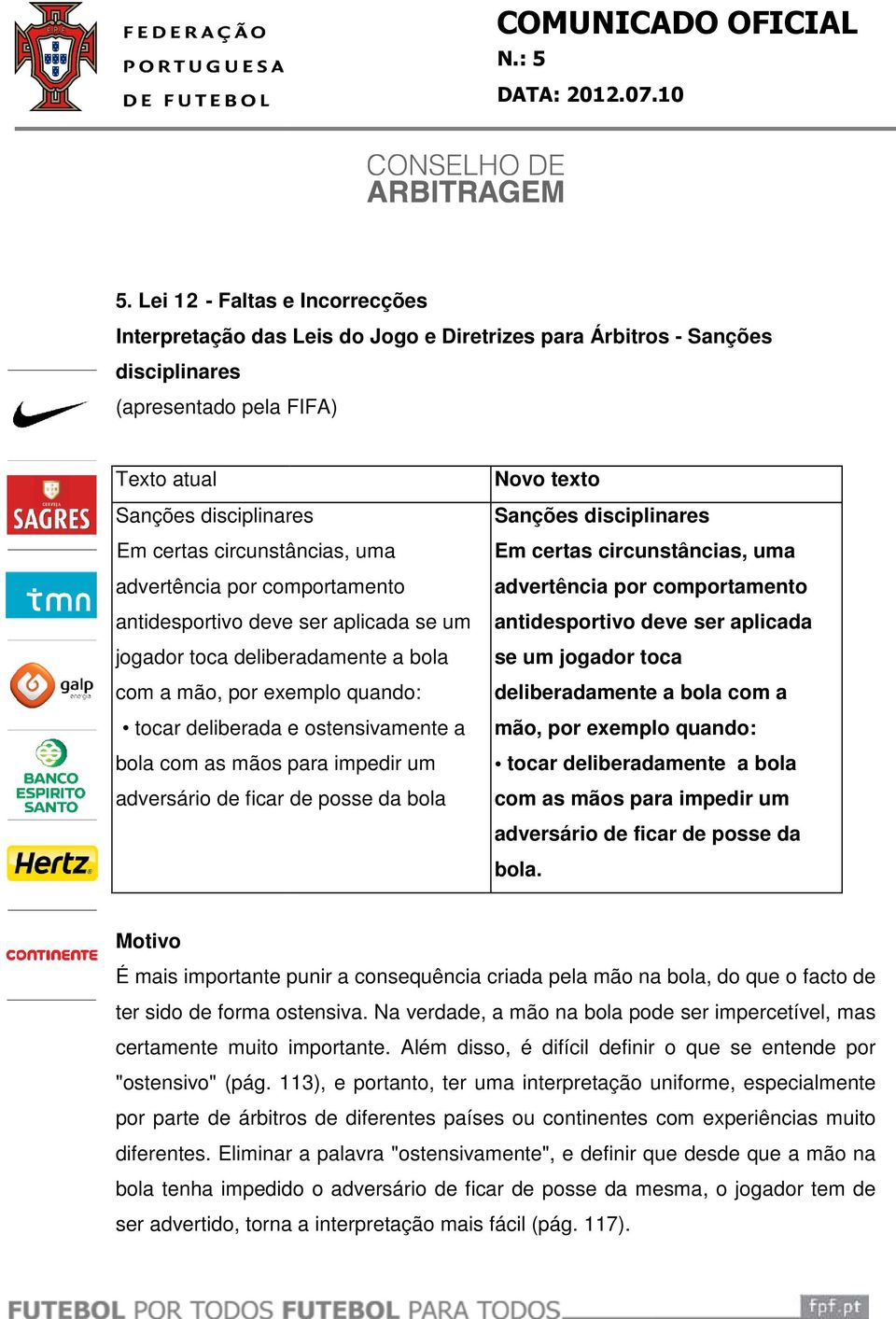 posse da bola Sanções disciplinares Em certas circunstâncias, uma advertência por comportamento antidesportivo deve ser aplicada se um jogador toca deliberadamente a bola com a mão, por exemplo