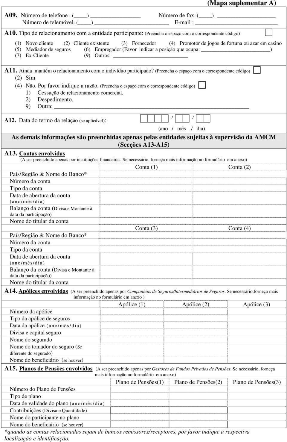 casino (5) Mediador de seguros (6) Empregador (Favor indicar a posição que ocupa: ) (7) Ex-Cliente (9) Outros: A11. Ainda mantém o relacionamento com o indivíduo participado?