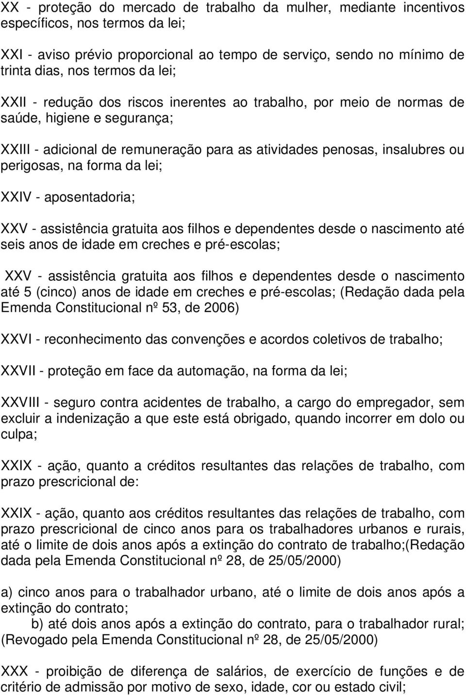 da lei; XXIV - aposentadoria; XXV - assistência gratuita aos filhos e dependentes desde o nascimento até seis anos de idade em creches e pré-escolas; XXV - assistência gratuita aos filhos e