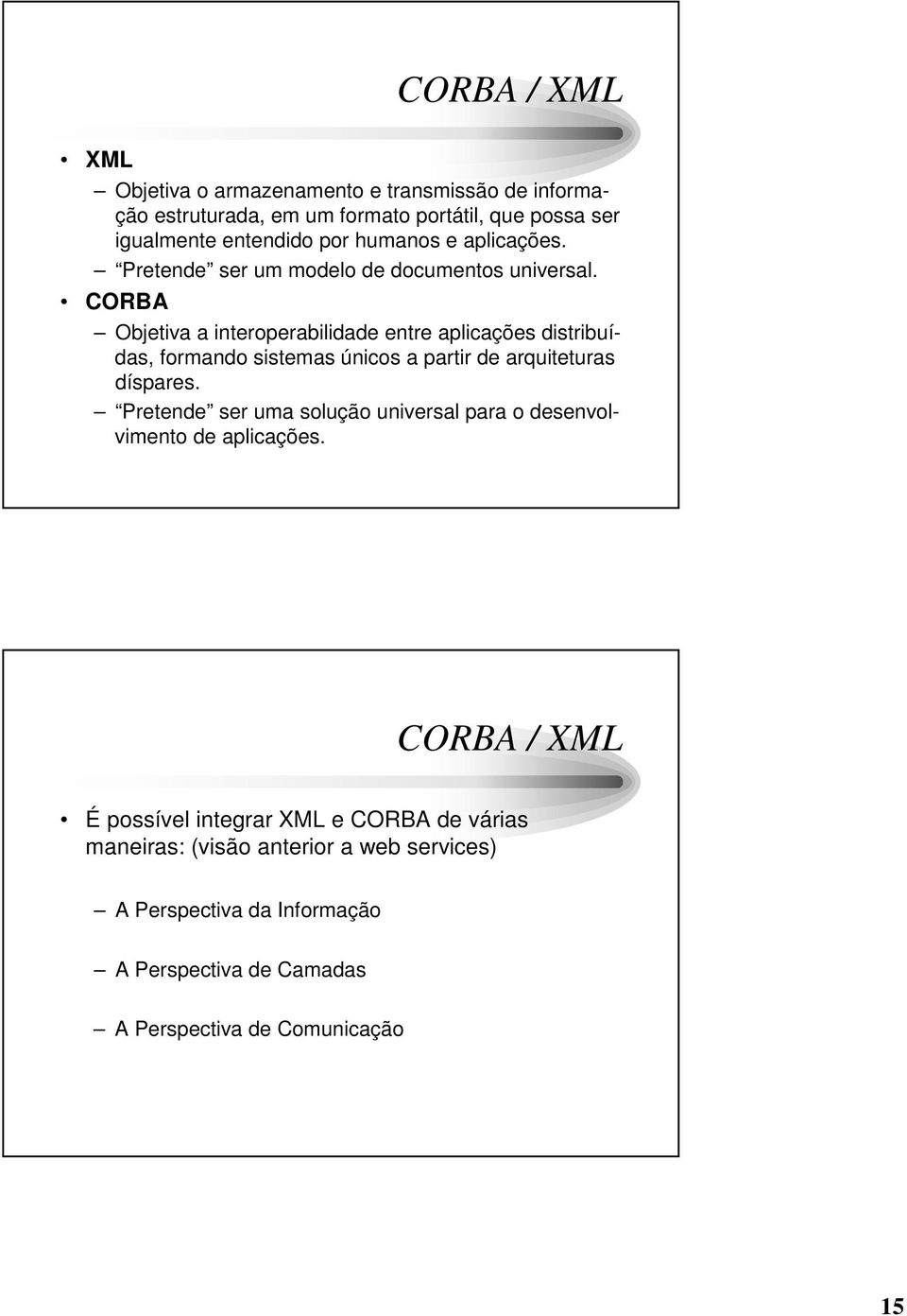 CORBA Objetiva a interoperabilidade entre aplicações distribuídas, formando sistemas únicos a partir de arquiteturas díspares.