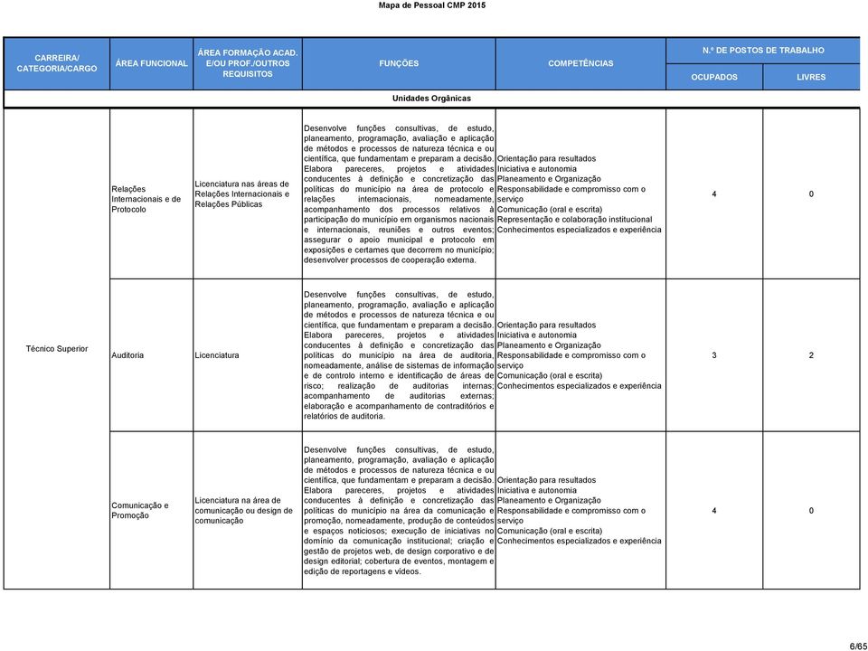 Orientação para resultados Elabora pareceres, projetos e atividades Iniciativa e autonomia conducentes à definição e concretização das Planeamento e Organização políticas do município na área de