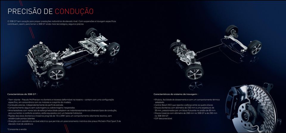 Características do 308 GT : Trem rolante - Pseudo McPherson na dianteira e travessa deformável na traseira contam com uma configuração específica, em consonância com os motores e o espírito do modelo