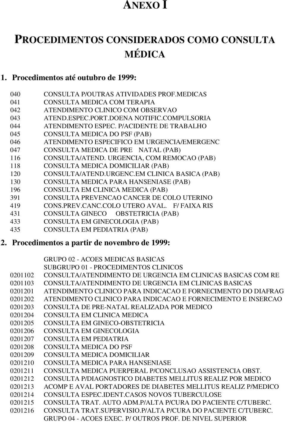 P/ACIDENTE DE TRABALHO 045 CONSULTA MEDICA DO PSF (PAB) 046 ATENDIMENTO ESPECIFICO EM URGENCIA/EMERGENC 047 CONSULTA MEDICA DE PRE NATAL (PAB) 116 CONSULTA/ATEND.