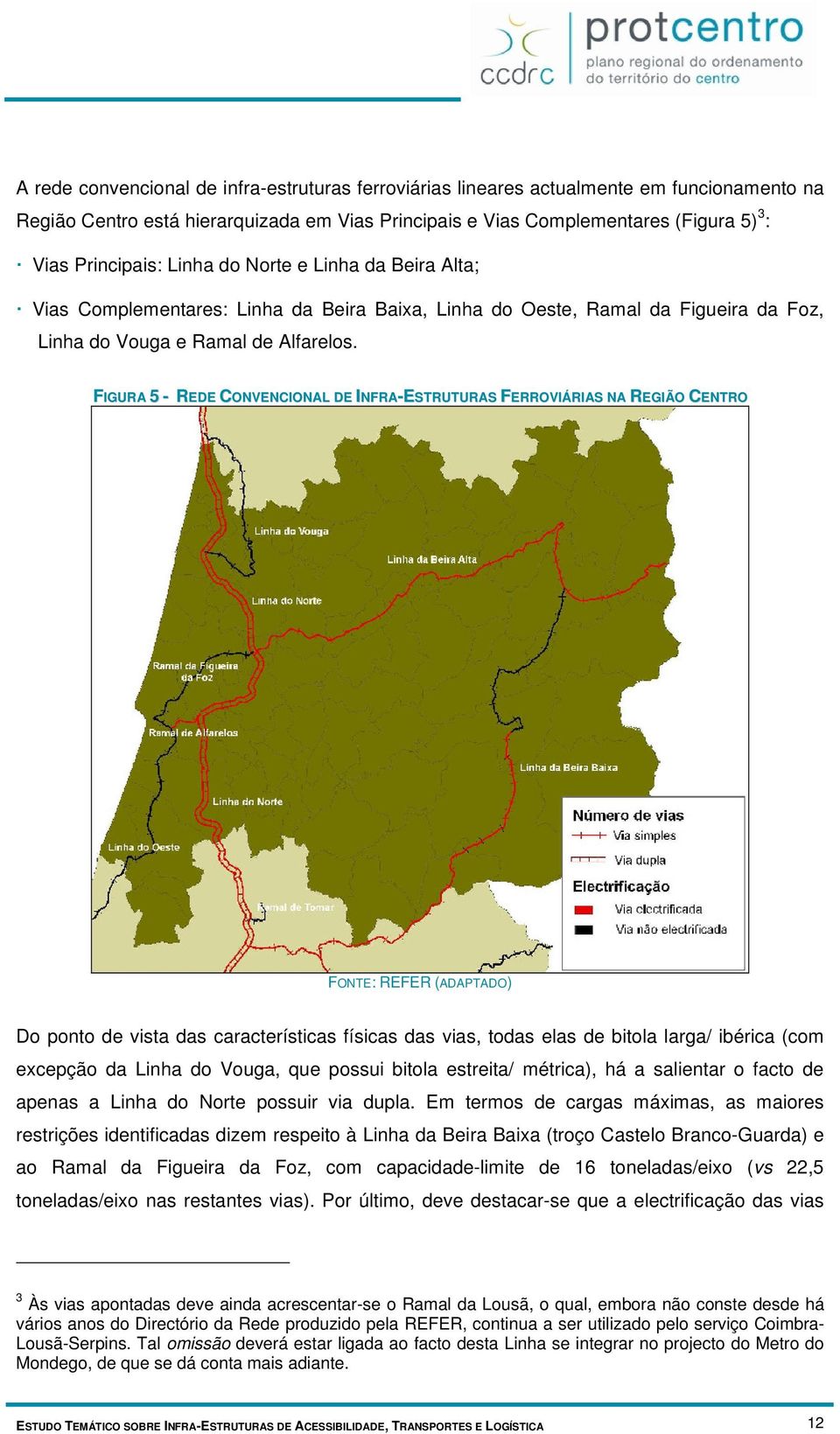 FIGURA 5 - REDE CONVENCIONAL DE INFRA-ESTRUTURAS FERROVIÁRIAS NA REGIÃO CENTRO FONTE: REFER (ADAPTADO) Do ponto de vista das características físicas das vias, todas elas de bitola larga/ ibérica (com