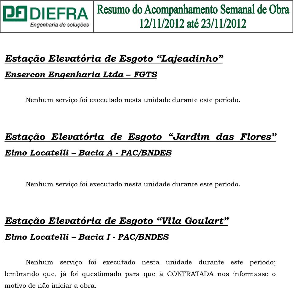 Estação Elevatória de Esgoto Jardim das Flores Elmo Locatelli Bacia A - PAC/BNDES Nenhum serviço foi executado nesta unidade