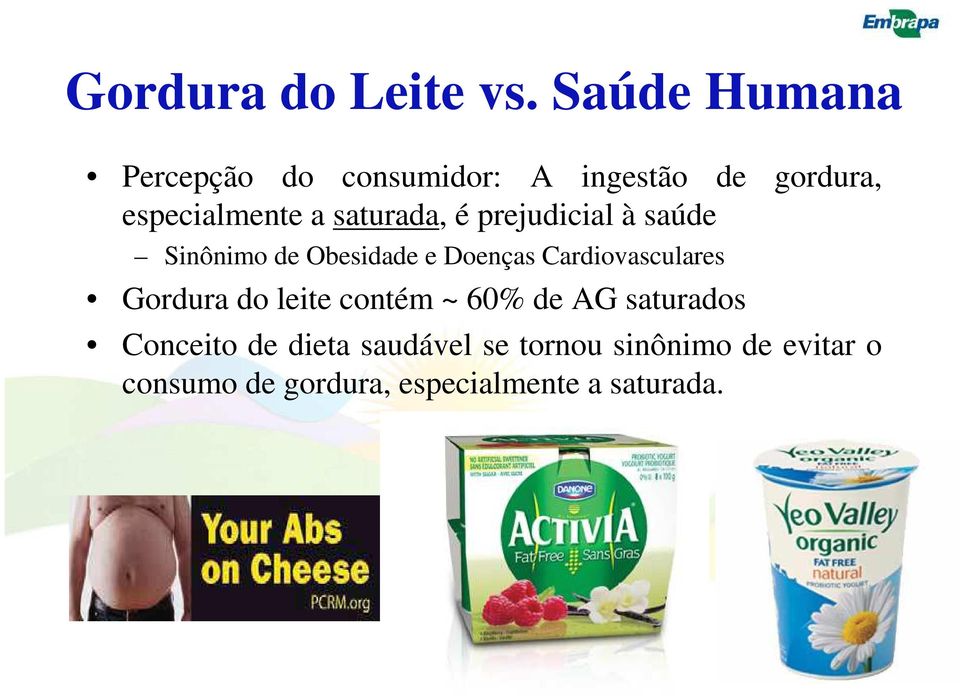 saturada, é prejudicial à saúde Sinônimo de Obesidade e Doenças Cardiovasculares