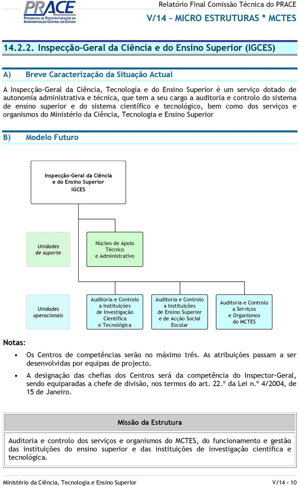 Ciência, Tecnologia e Ensino Superior B) Modelo Futuro Inspecção-Geral da Ciência e do Ensino Superior IGCES de suporte Núcleo de Apoio Técnico e Administrativo operacionais Auditoria e Controlo a