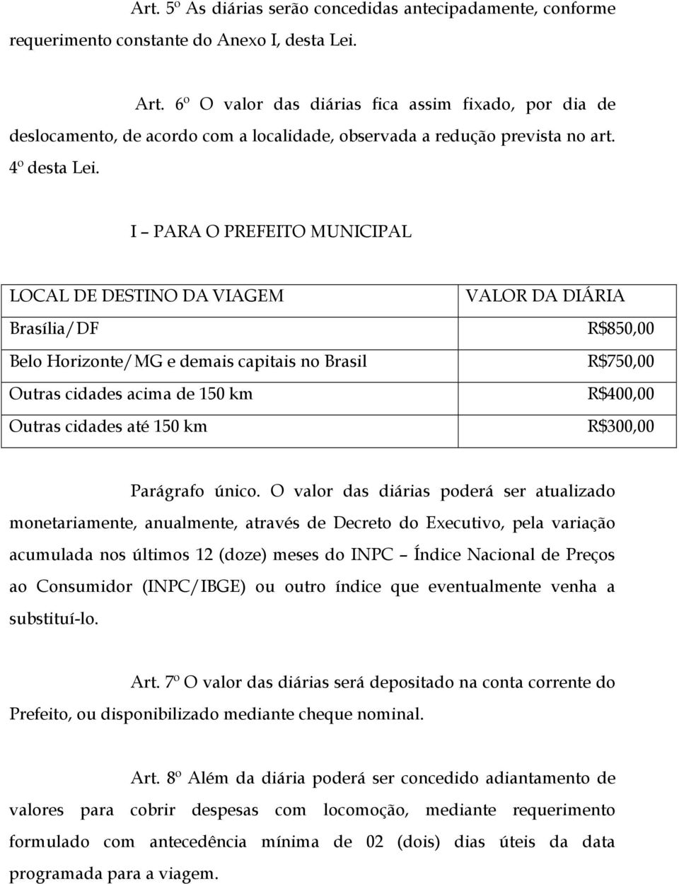 I PARA O PREFEITO MUNICIPAL LOCAL DE DESTINO DA VIAGEM Brasília/DF Belo Horizonte/MG e demais capitais no Brasil Outras cidades acima de 150 km Outras cidades até 150 km VALOR DA DIÁRIA R$850,00