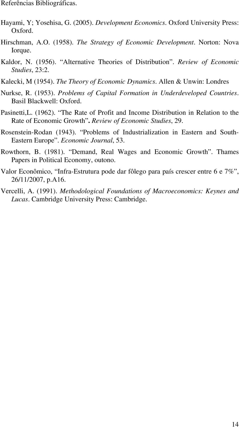 Basil Blackwell: Oxford. Pasinetti,L. (96). The Rate of Profit and Income Distribution in Relation to the Rate of Economic Growth. Review of Economic Studies, 9. Rosenstein-Rodan (9).