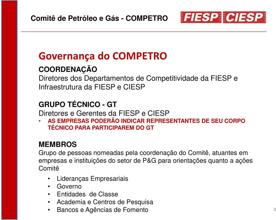 CORPO TÉCNICO PARA PARTICIPAREM DO GT MEMBROS Grupo de pessoas nomeadas pela coordenação do Comitê, atuantes em empresas e instituições do