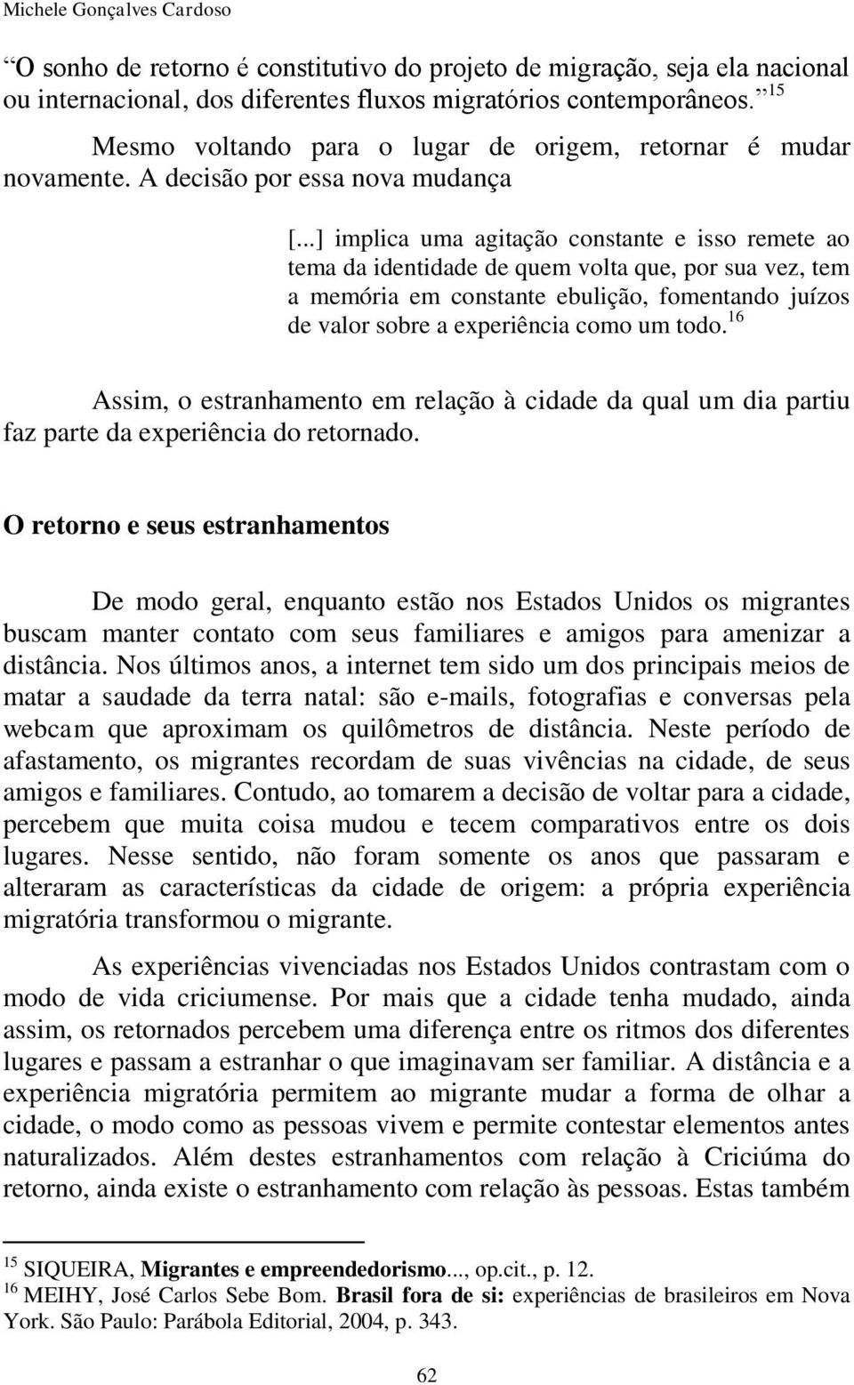 ..] implica uma agitação constante e isso remete ao tema da identidade de quem volta que, por sua vez, tem a memória em constante ebulição, fomentando juízos de valor sobre a experiência como um todo.