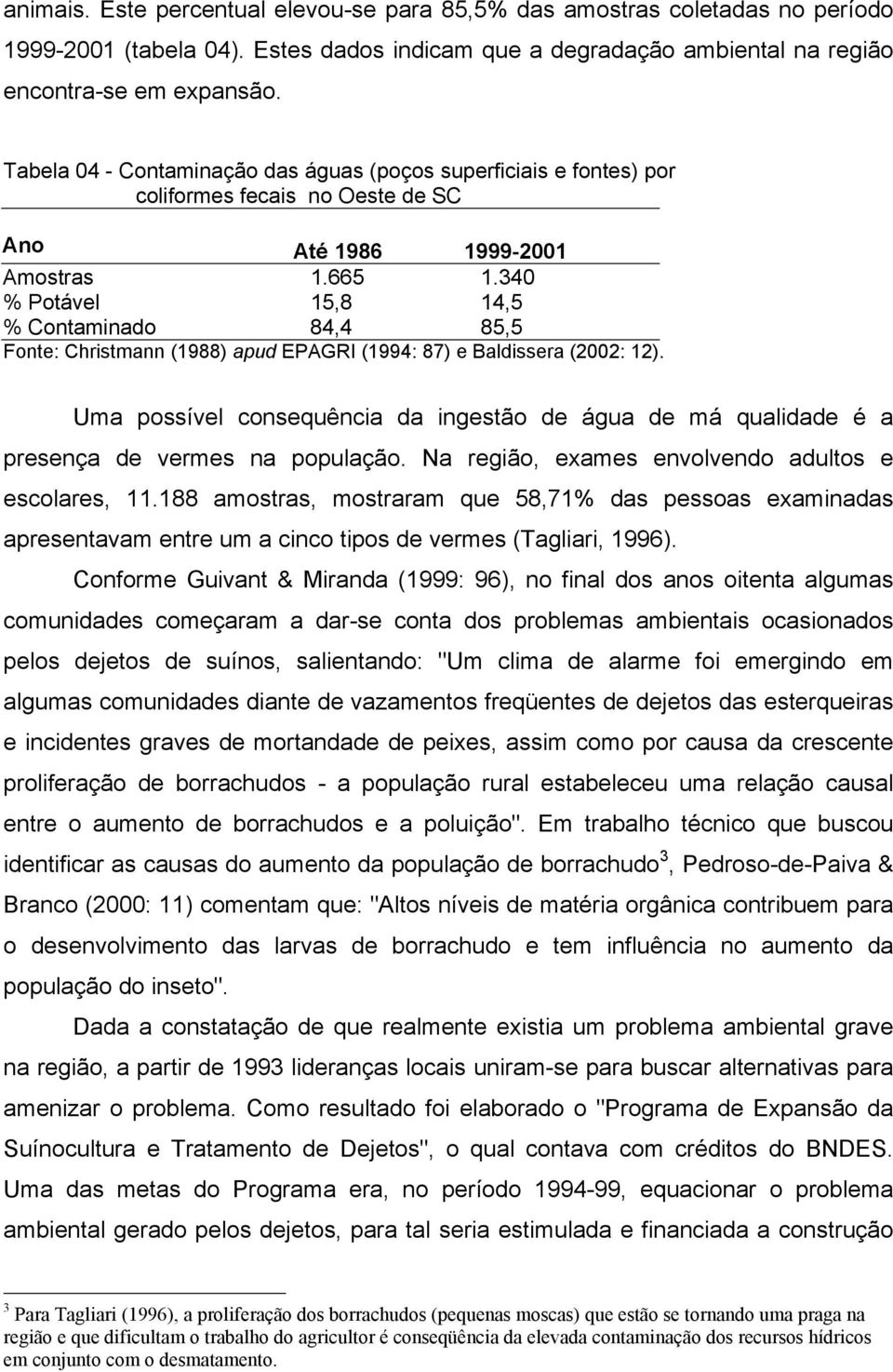 340 % Potável 15,8 14,5 % Contaminado 84,4 85,5 Fonte: Christmann (1988) apud EPAGRI (1994: 87) e Baldissera (2002: 12).