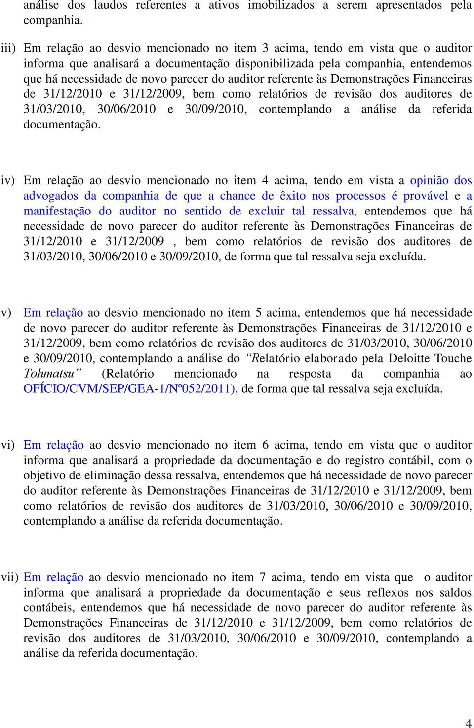 do auditor referente às Demonstrações Financeiras de 31/12/2010 e 31/12/2009, bem como relatórios de revisão dos auditores de 31/03/2010, 30/06/2010 e 30/09/2010, contemplando a análise da referida