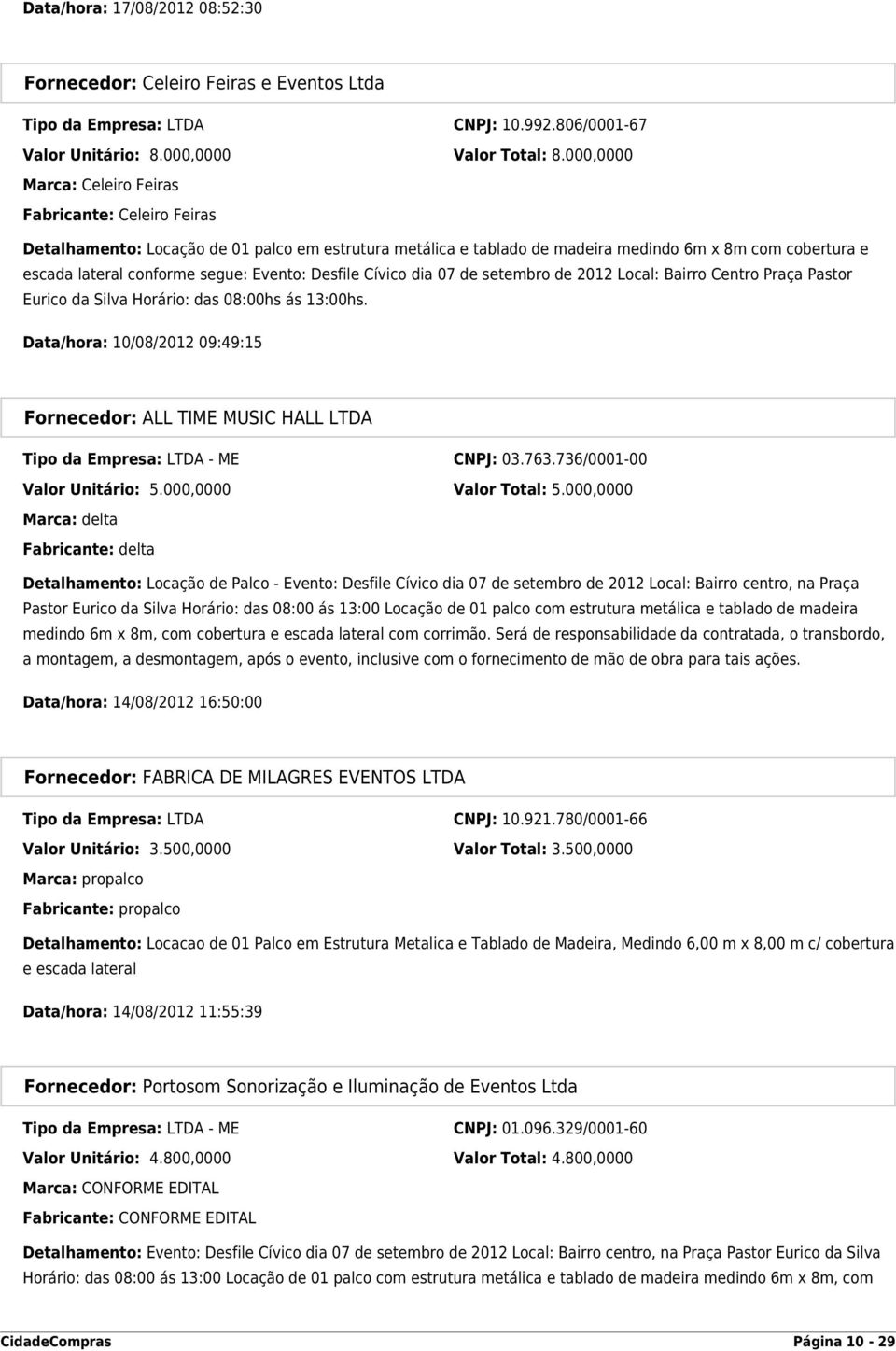 Evento: Desfile Cívico dia 07 de setembro de 2012 Local: Bairro Centro Praça Pastor Eurico da Silva Horário: das 08:00hs ás 13:00hs.