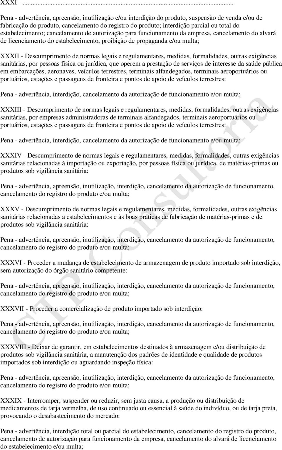 estabelecimento; cancelamento de autorização para funcionamento da empresa, cancelamento do alvará de licenciamento do estabelecimento, proibição de propaganda e/ou multa; XXXII - Descumprimento de