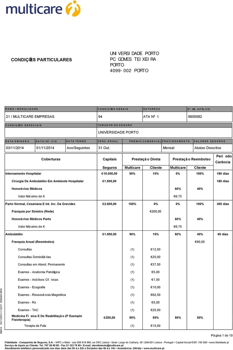 457,84 Mensal Abaixo Descritos Período Coberturas Capitais Prestação Direta Prestação Reembolso Carência Seguros Multicare Cliente Multicare Cliente Internamento Hospitalar 15.