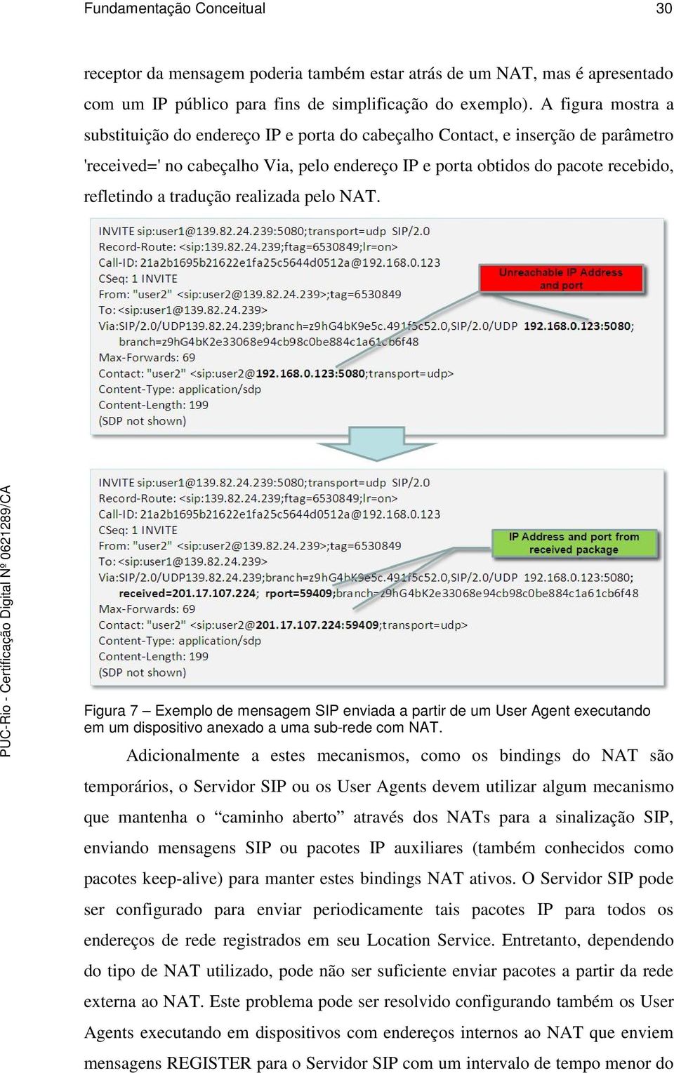 tradução realizada pelo NAT. Figura 7 Exemplo de mensagem SIP enviada a partir de um User Agent executando em um dispositivo anexado a uma sub-rede com NAT.