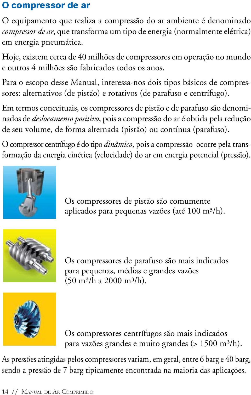 Para o escopo desse Manual, interessa-nos dois tipos básicos de compressores: alternativos (de pistão) e rotativos (de parafuso e centrífugo).