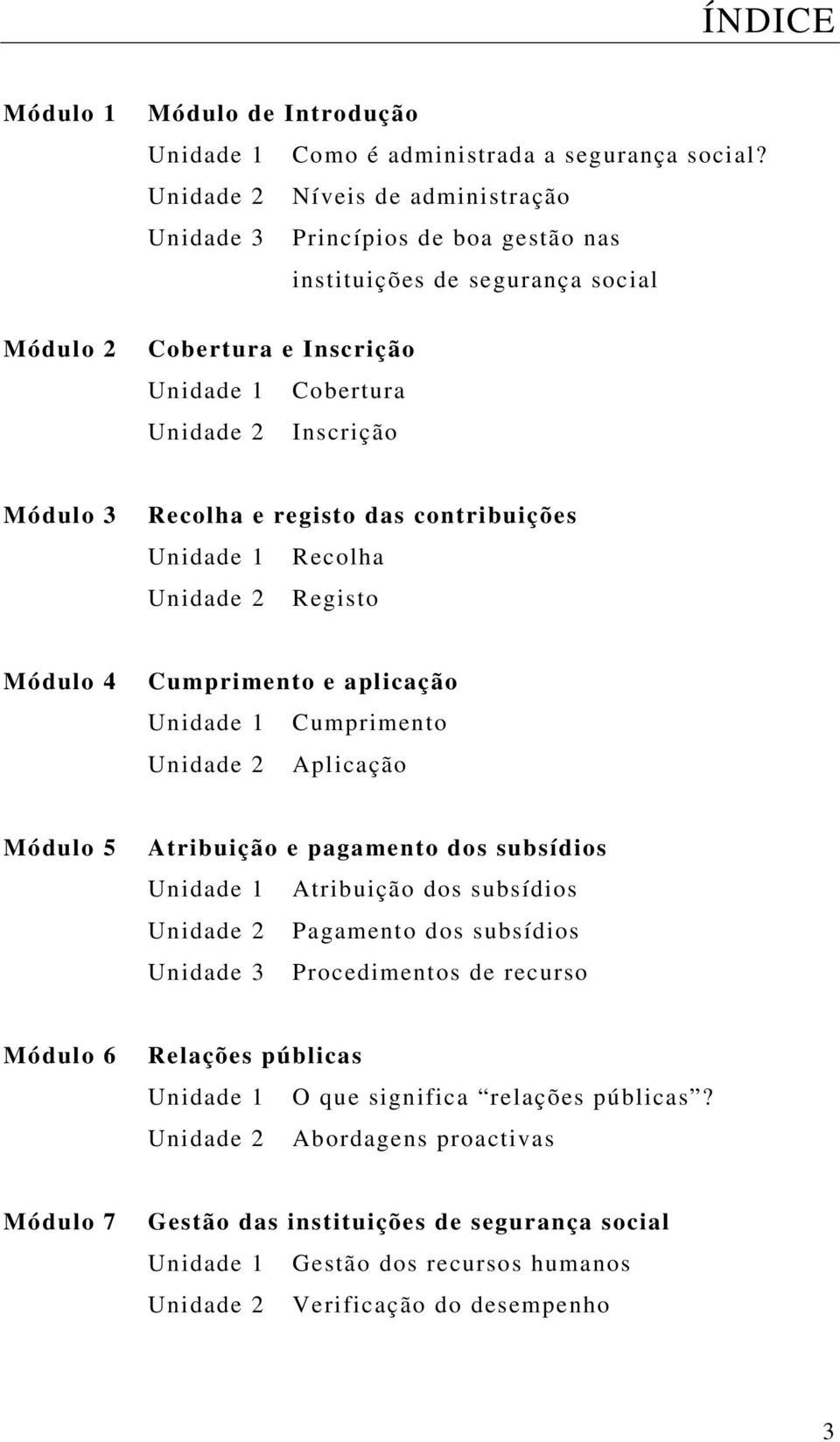 contribuições Unidade 1 Recolha Unidade 2 Registo Módulo 4 Cumprimento e aplicação Unidade 1 Cumprimento Unidade 2 Aplicação Módulo 5 Atribuição e pagamento dos subsídios Unidade 1 Atribuição dos