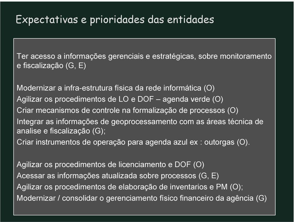 as áreas técnica de analise e fiscalização (G); Criar instrumentos de operação para agenda azul ex : outorgas (O).