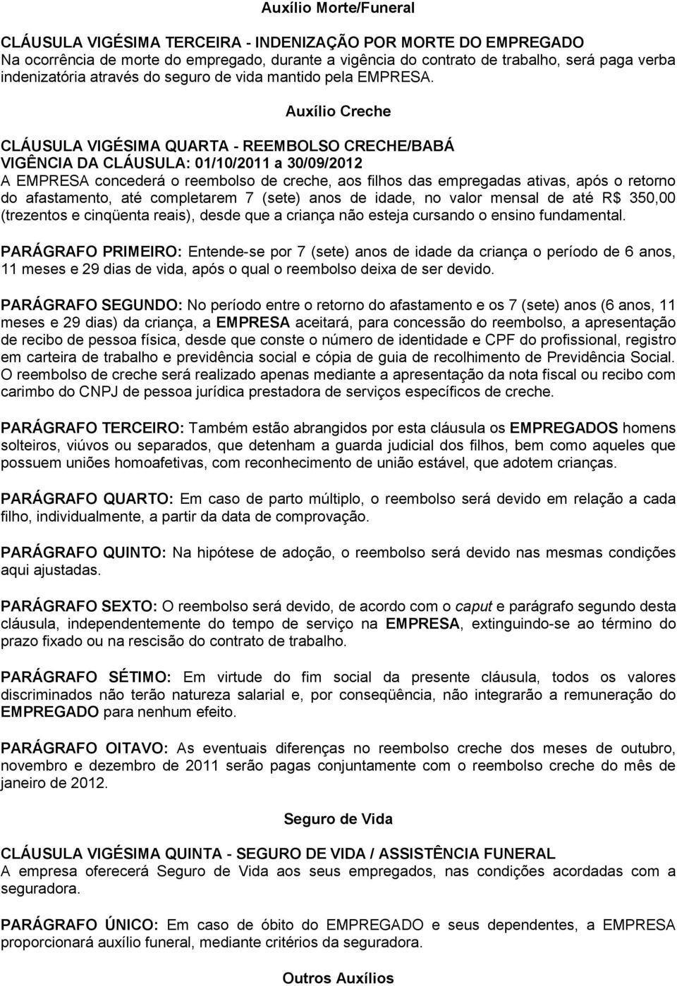 Auxílio Creche CLÁUSULA VIGÉSIMA QUARTA - REEMBOLSO CRECHE/BABÁ VIGÊNCIA DA CLÁUSULA: 01/10/2011 a 30/09/2012 A EMPRESA concederá o reembolso de creche, aos filhos das empregadas ativas, após o