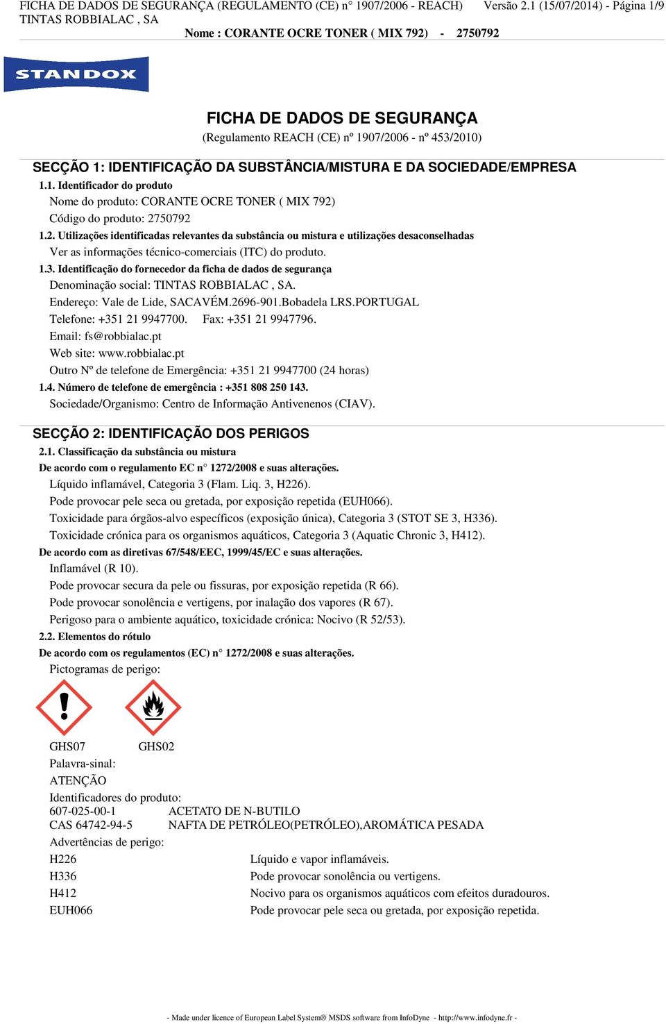 2. Utilizações identificadas relevantes da substância ou mistura e utilizações desaconselhadas Ver as informações técnico-comerciais (ITC) do produto. 1.3.