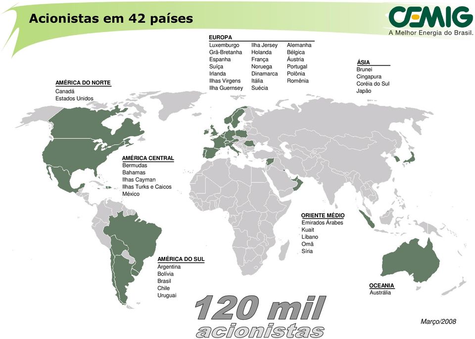 Romênia ÁSIA Brunei Cingapura Coréia do Sul Japão AMÉRICA CENTRAL Bermudas Bahamas Ilhas Cayman Ilhas Turks e Caicos México