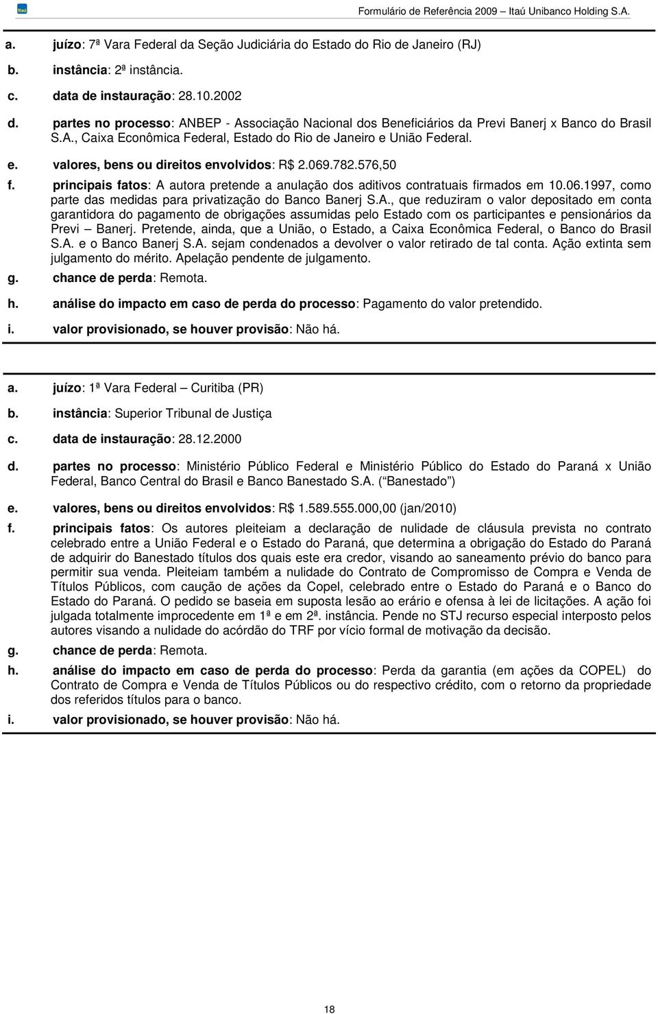 União Federal. e. valores, bens ou direitos envolvidos: R$ 2.069.782.576,50 f. principais fatos: A autora pretende a anulação dos aditivos contratuais firmados em 10.06.1997, como parte das medidas para privatização do Banco Banerj S.