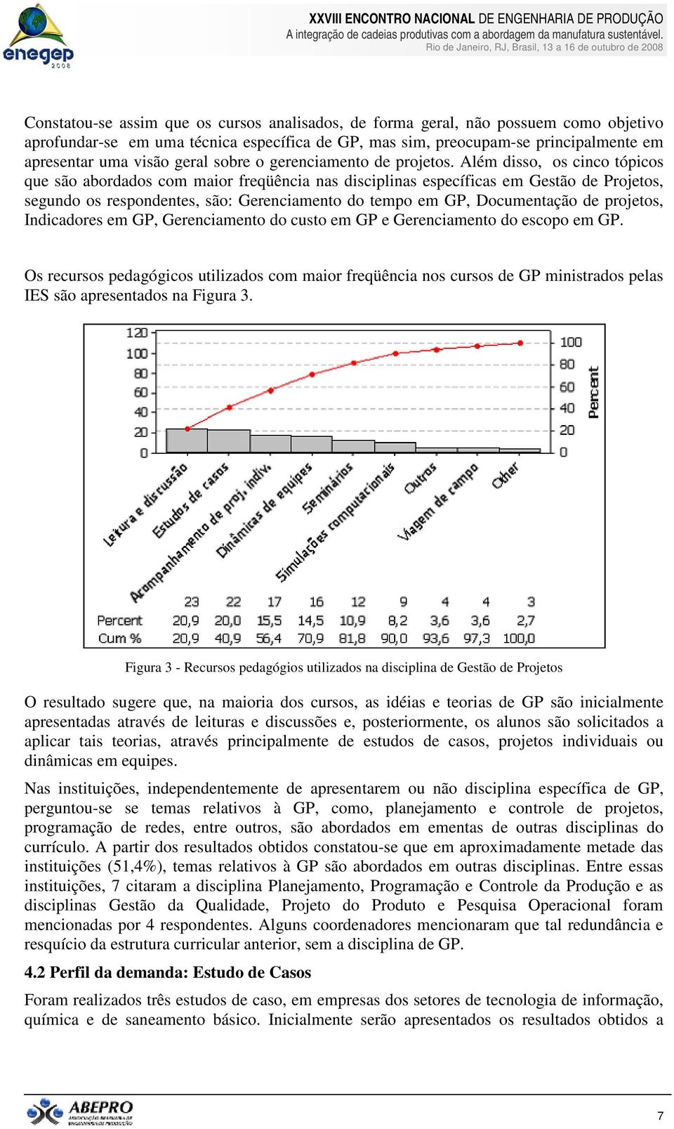 Além disso, os cinco tópicos que são abordados com maior freqüência nas disciplinas específicas em Gestão de Projetos, segundo os respondentes, são: Gerenciamento do tempo em GP, Documentação de