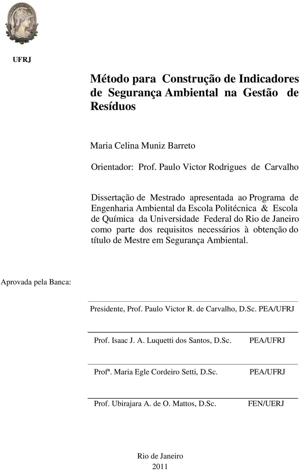 Federal do Rio de Janeiro como parte dos requisitos necessários à obtenção do título de Mestre em Segurança Ambiental. Aprovada pela Banca: Presidente, Prof.