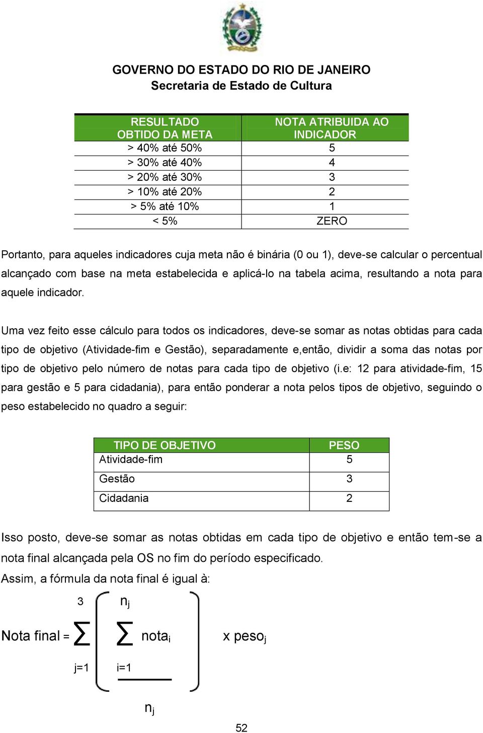 Uma vez feito esse cálculo para todos os indicadores, deve-se somar as notas obtidas para cada tipo de objetivo (-fim e ), separadamente e,então, dividir a soma das notas por tipo de objetivo pelo