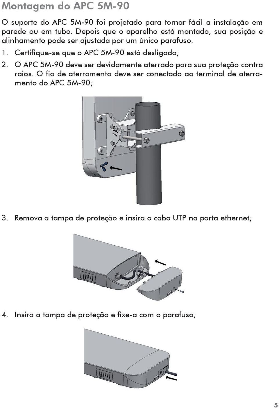 Certifique-se que o APC 5M-90 está desligado; 2. O APC 5M-90 deve ser devidamente aterrado para sua proteção contra raios.