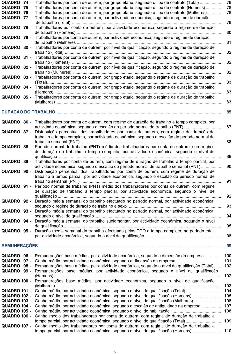 .. 78 QUADRO 76 - Trabalhadores por conta de outrem, por grupo etário, segundo o tipo de contrato (Mulheres).