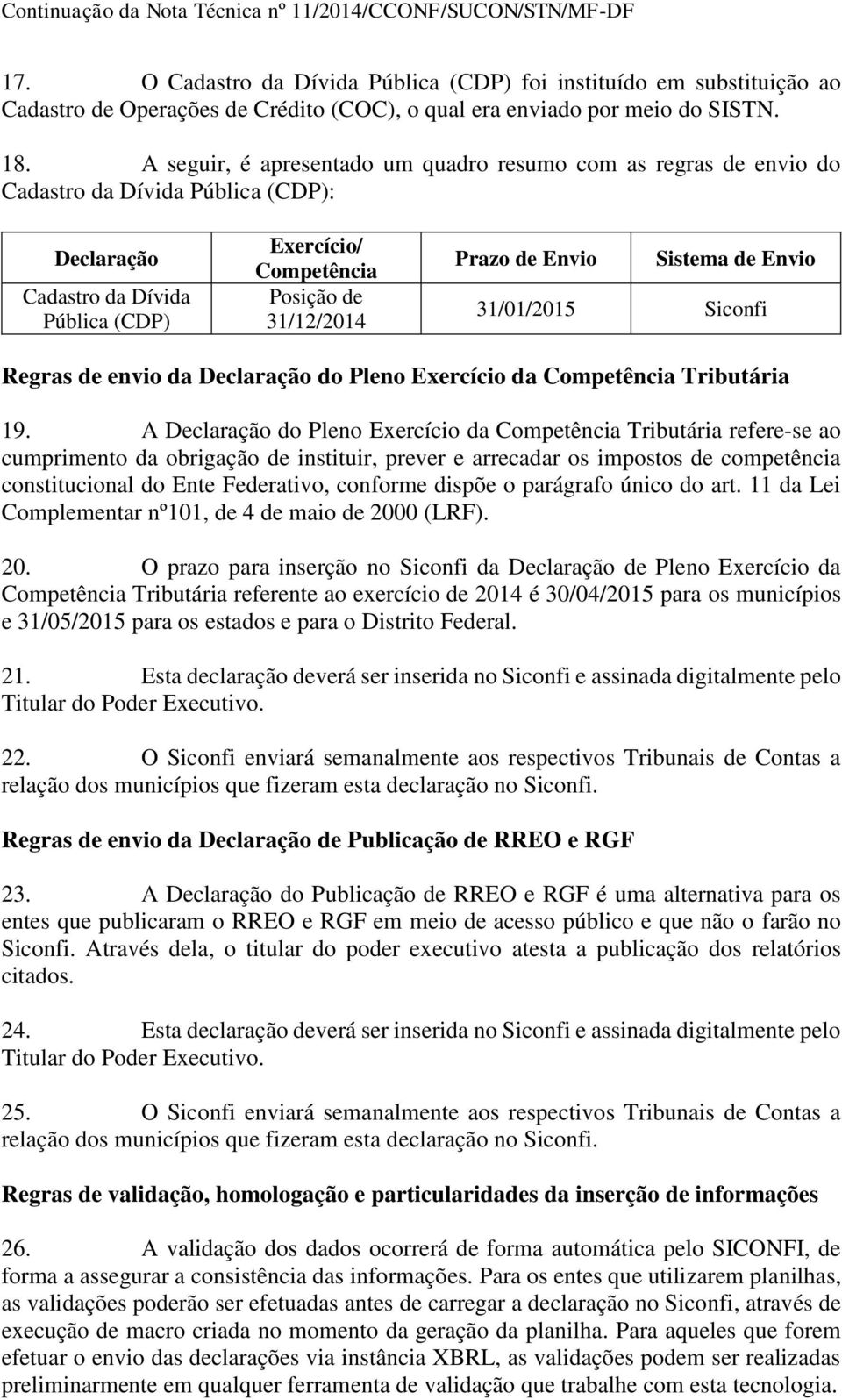 Envio Sistema de Envio 31/01/2015 Regras de envio da Declaração do Pleno Exercício da Competência Tributária 19.