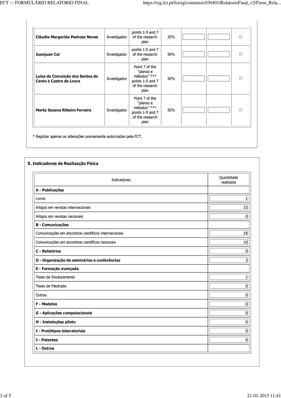 Indicadores de Realização Física Indicadores Quantidade realizada A - Publicações Livros 1 Artigos em revistas internacionais 33 Artigos em revistas nacionais 0 B - Comunicações Comunicações em