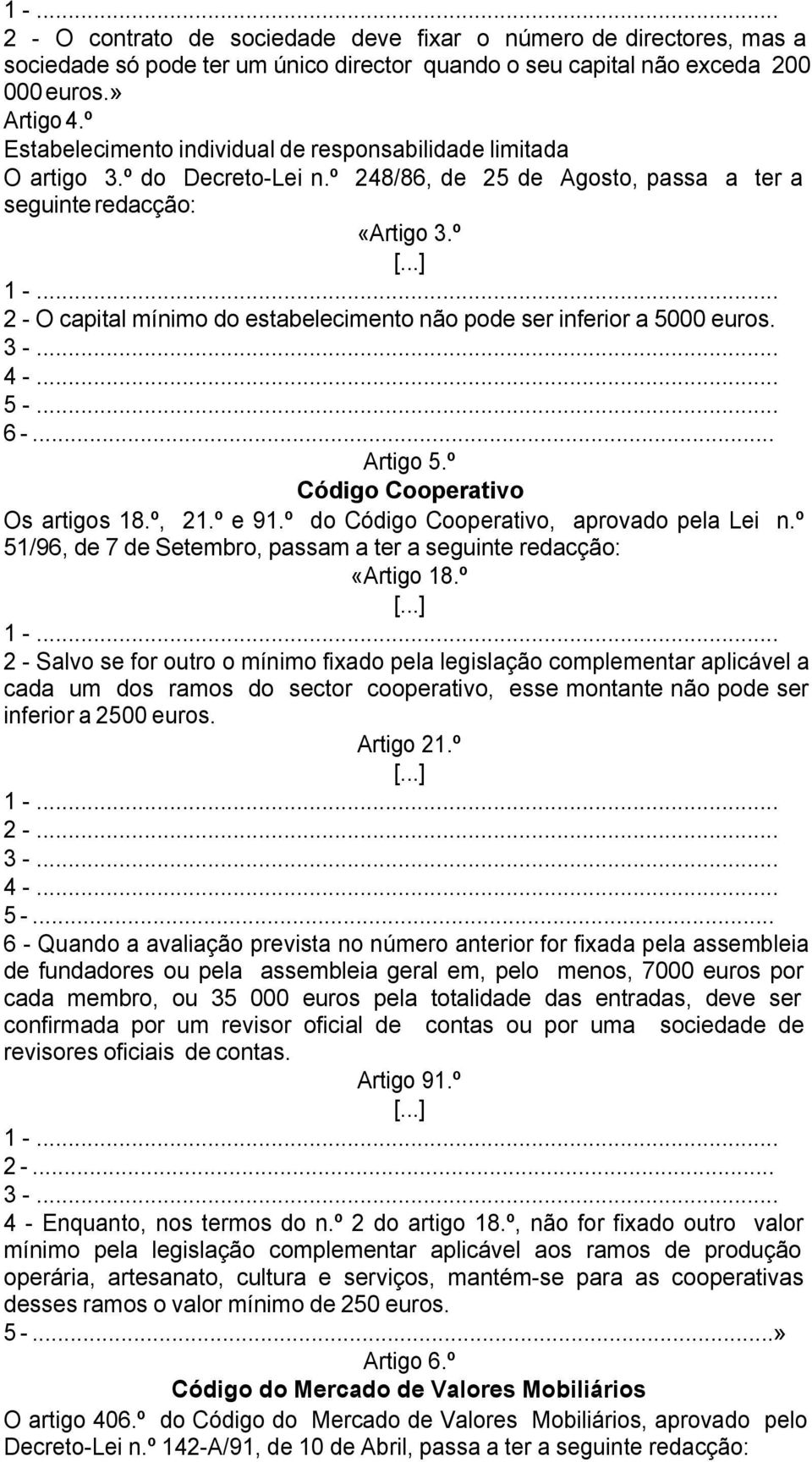 º 2 - O capital mínimo do estabelecimento não pode ser inferior a 5000 euros. 5 -... 6 -... Artigo 5.º Código Cooperativo Os artigos 18.º, 21.º e 91.º do Código Cooperativo, aprovado pela Lei n.