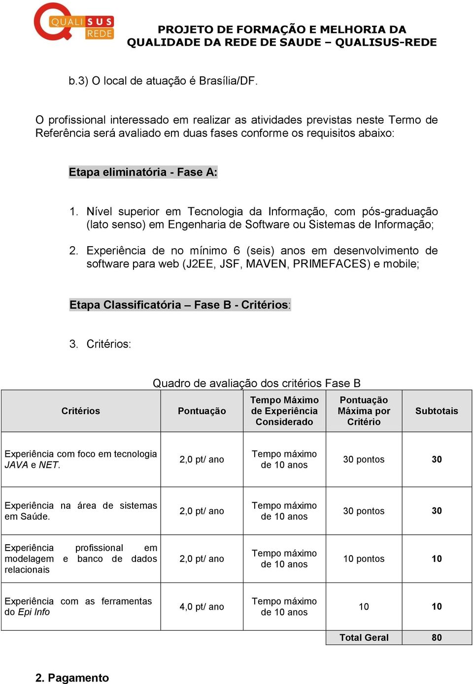 Nível superior em Tecnologia da Informação, com pós-graduação (lato senso) em Engenharia de Software ou Sistemas de Informação; 2.