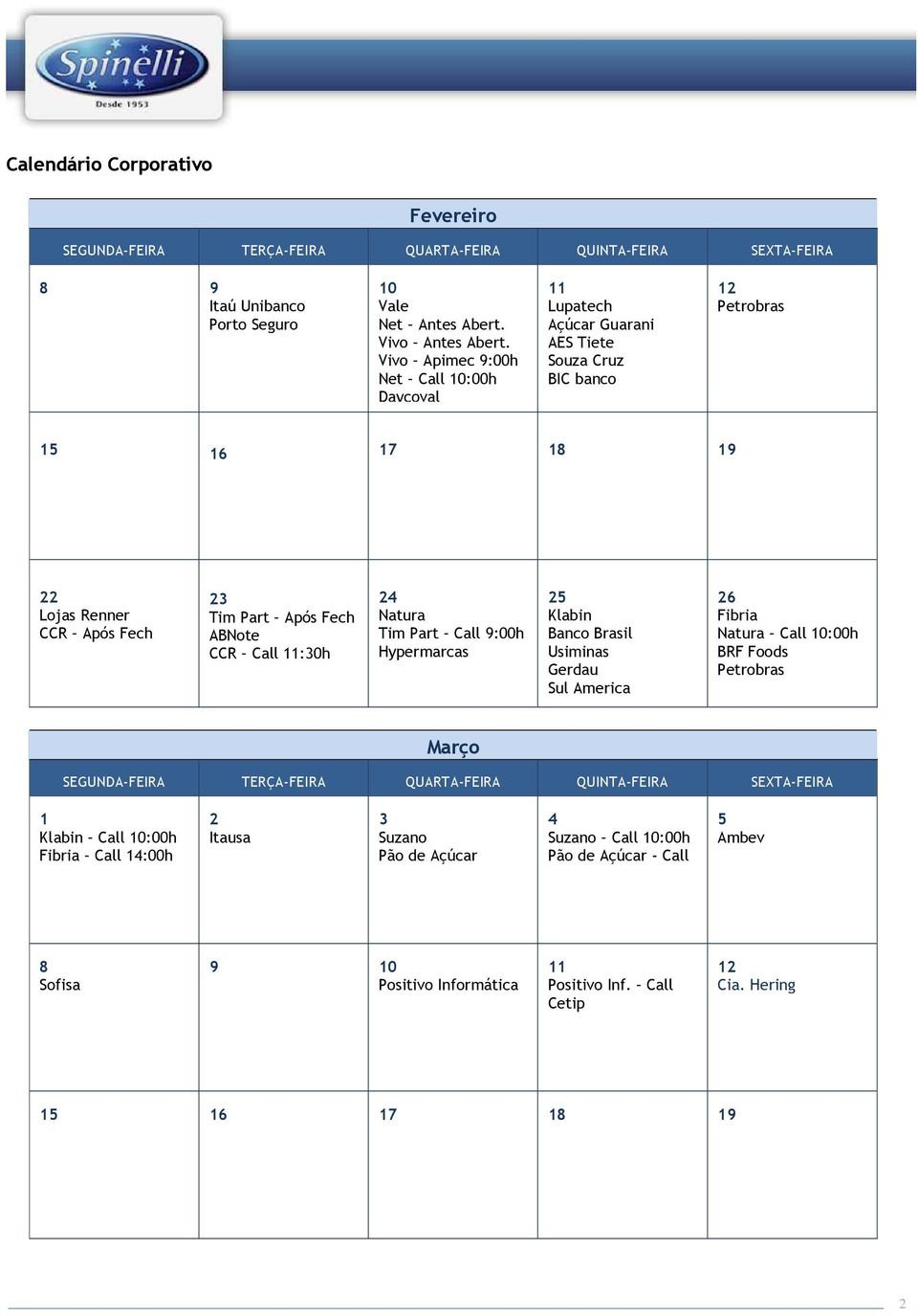 11:30h 24 Natura Tim Part Call 9:00h Hypermarcas 25 Klabin Banco Brasil Usiminas Gerdau Sul America 26 Fibria Natura Call 10:00h BRF Foods Petrobras Março SEGUNDA-FEIRA TERÇA-FEIRA QUARTA-FEIRA