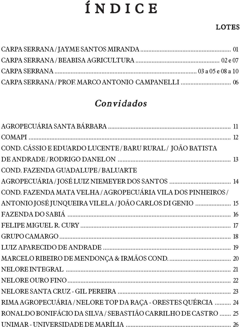 FAZENDA GUADALUPE / BALUARTE AGROPECUÁRIA / JOSÉ LUIZ NIEMEYER DOS SANTOS... 14 COND. FAZENDA MATA VELHA / AGROPECUÁRIA VILA DOS PINHEIROS / ANTONIO JOSÉ JUNQUEIRA VILELA / JOÃO CARLOS DI GENIO.