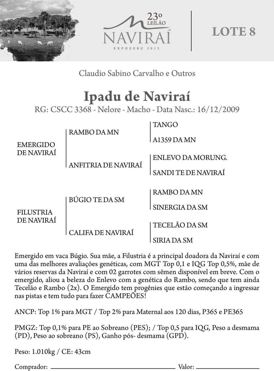 Sua mãe, a Filustria é a principal doadora da Naviraí e com uma das melhores avaliações genéticas, com MGT Top 0,1 e IQG Top 0,5%, mãe de vários reservas da Naviraí e com 02 garrotes com sêmen