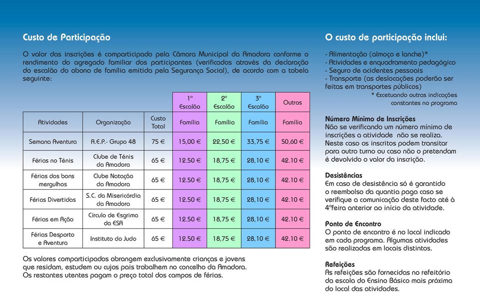 - Grupo 48 75 15,00 22,50 33,75 50,60 Férias no Ténis Férias dos bons mergulhos Férias Divertidas Férias em Ação Férias Desporto e Aventura Cl