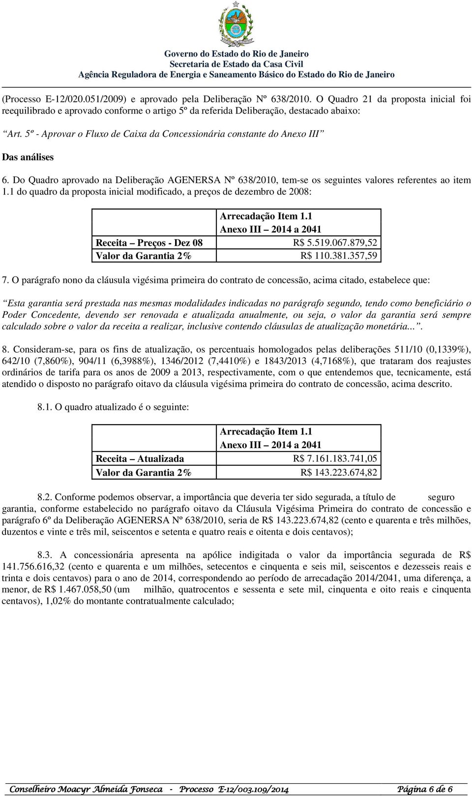 1 do quadro da proposta inicial modificado, a preços de dezembro de 2008: Arrecadação Item 1.1 Anexo III 2014 a 2041 Receita Preços - Dez 08 R$ 5.519.067.879,52 Valor da Garantia 2% R$ 110.381.