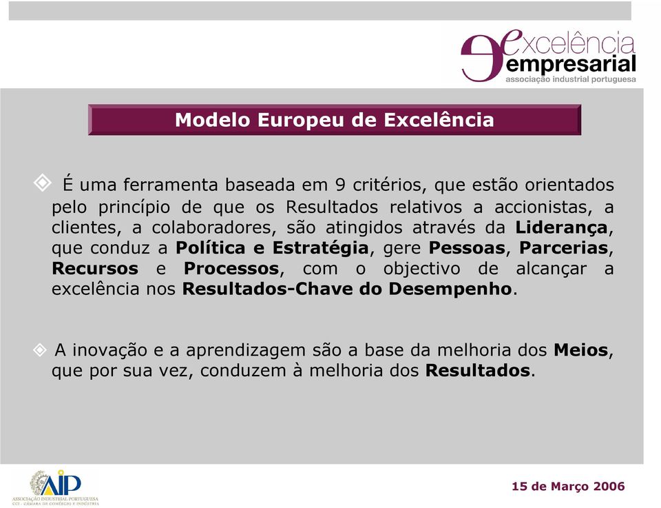 e Estratégia, gere Pessoas, Parcerias, Recursos e Processos, com o objectivo de alcançar a excelência nos Resultados-Chave do