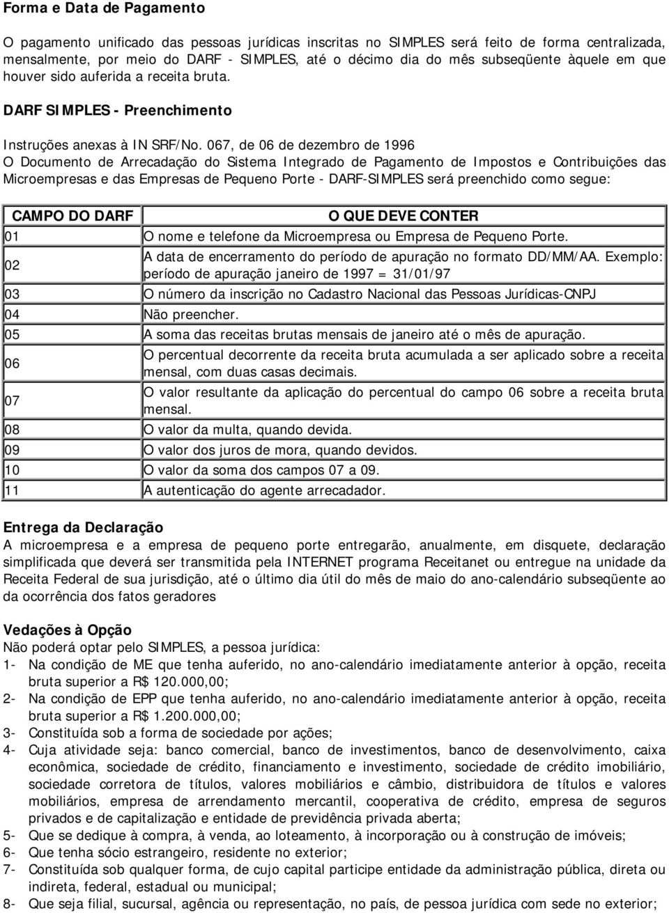 067, de 06 de dezembro de 1996 O Documento de Arrecadação do Sistema Integrado de Pagamento de Impostos e Contribuições das Microempresas e das Empresas de Pequeno Porte - DARF-SIMPLES será