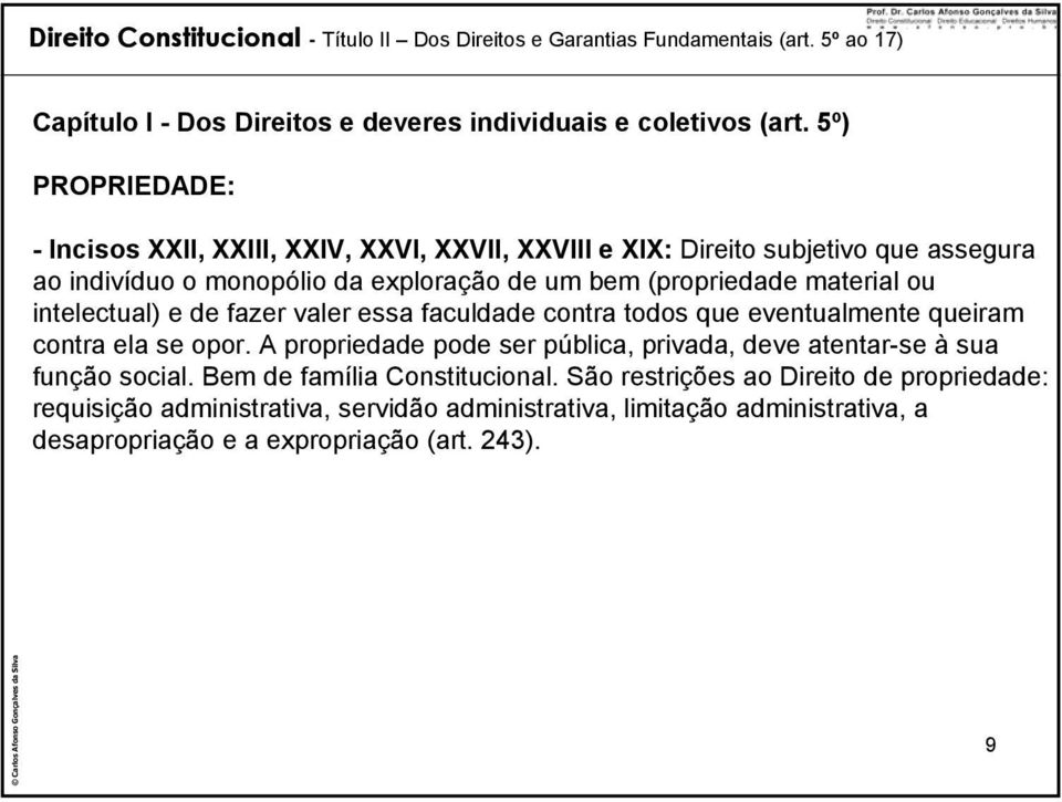 A propriedade pode ser pública, privada, deve atentar-se à sua função social. Bem de família Constitucional.