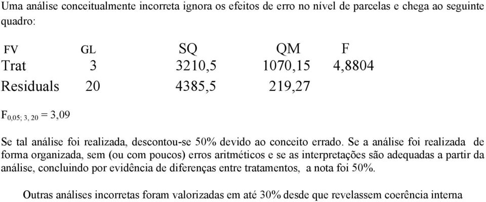 Se a análise foi realizada de forma organizada, sem (ou com poucos) erros aritméticos e se as interpretações são adequadas a partir da análise,