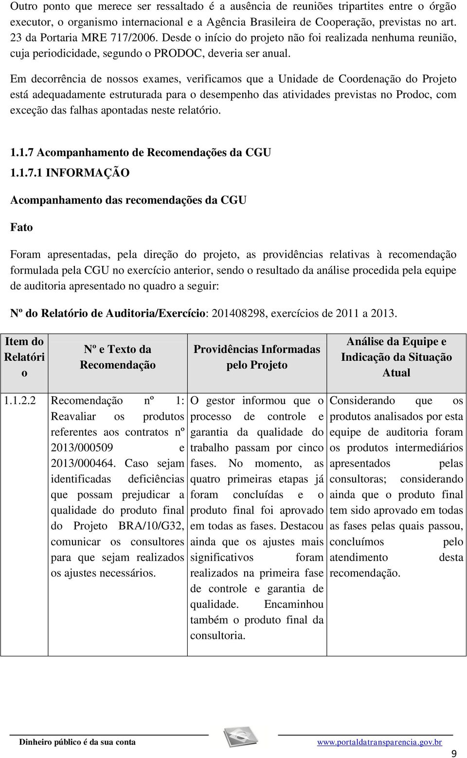 Em decorrência de nossos exames, verificamos que a Unidade de Coordenação do Projeto está adequadamente estruturada para o desempenho das atividades previstas no Prodoc, com exceção das falhas